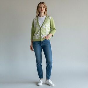 Ann Taylor Green/White Floral V Neck Silk Cardigan Large